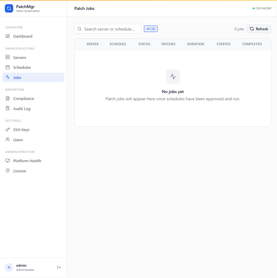 Patch Jobs page showing a flat filterable list of jobs across all schedules