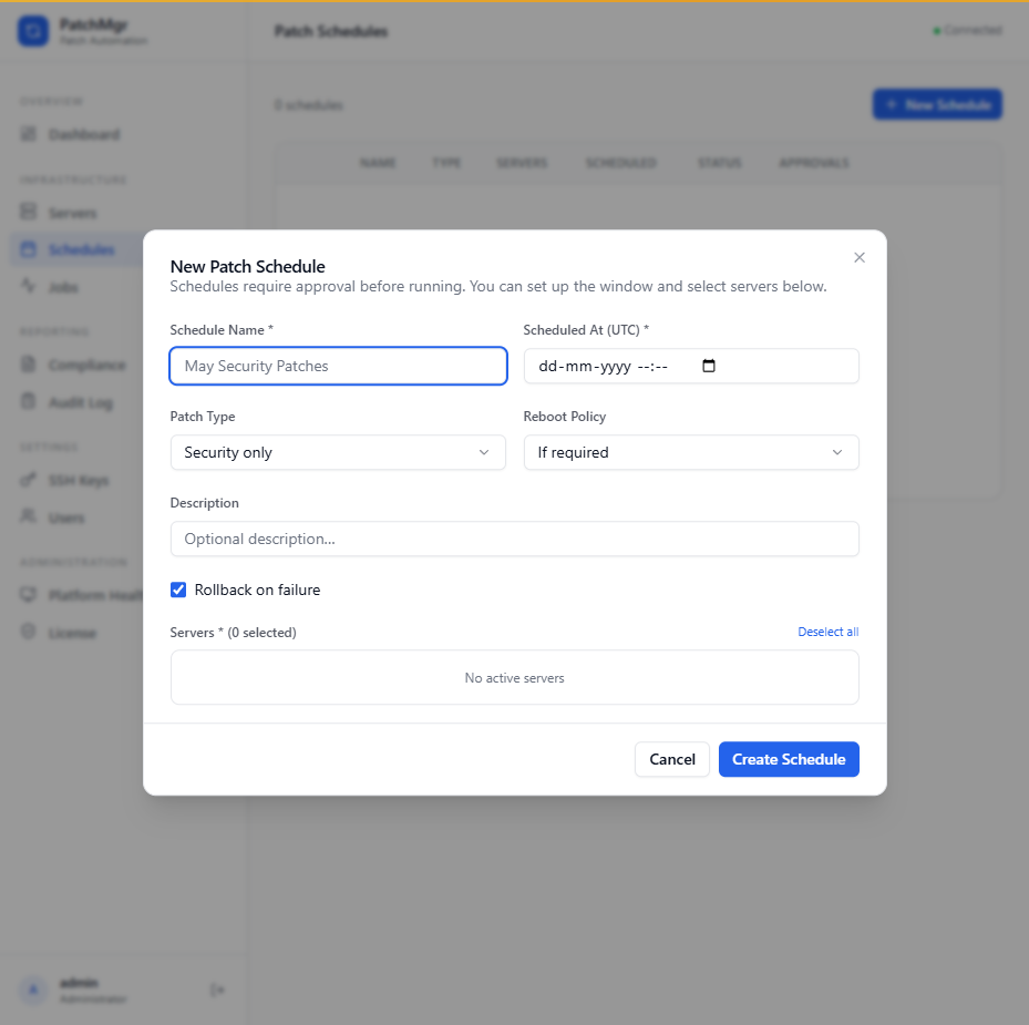 New Patch Schedule dialog showing Schedule Name, Scheduled At, Patch Type, Reboot Policy, Description, Rollback on failure checkbox, and server picker