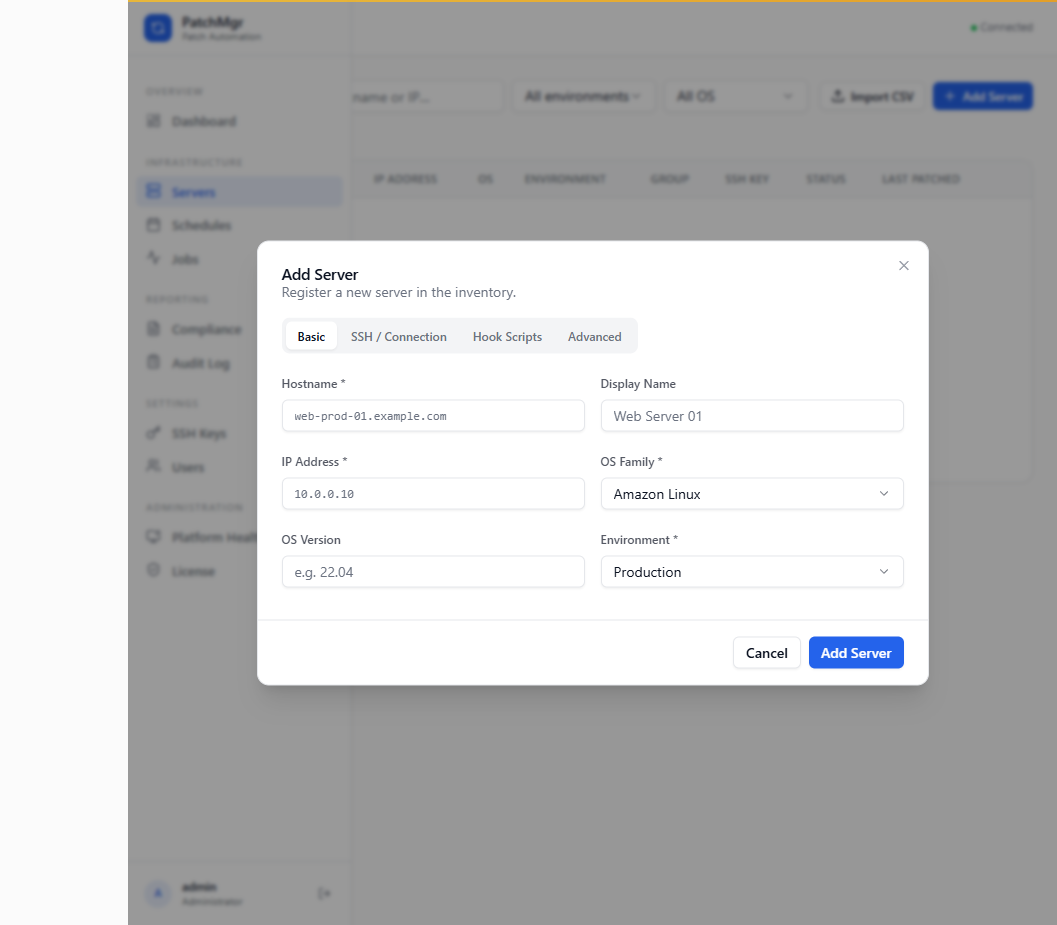 Add Server dialog showing the Basic tab with Hostname, Display Name, IP Address, OS Family, OS Version, and Environment fields