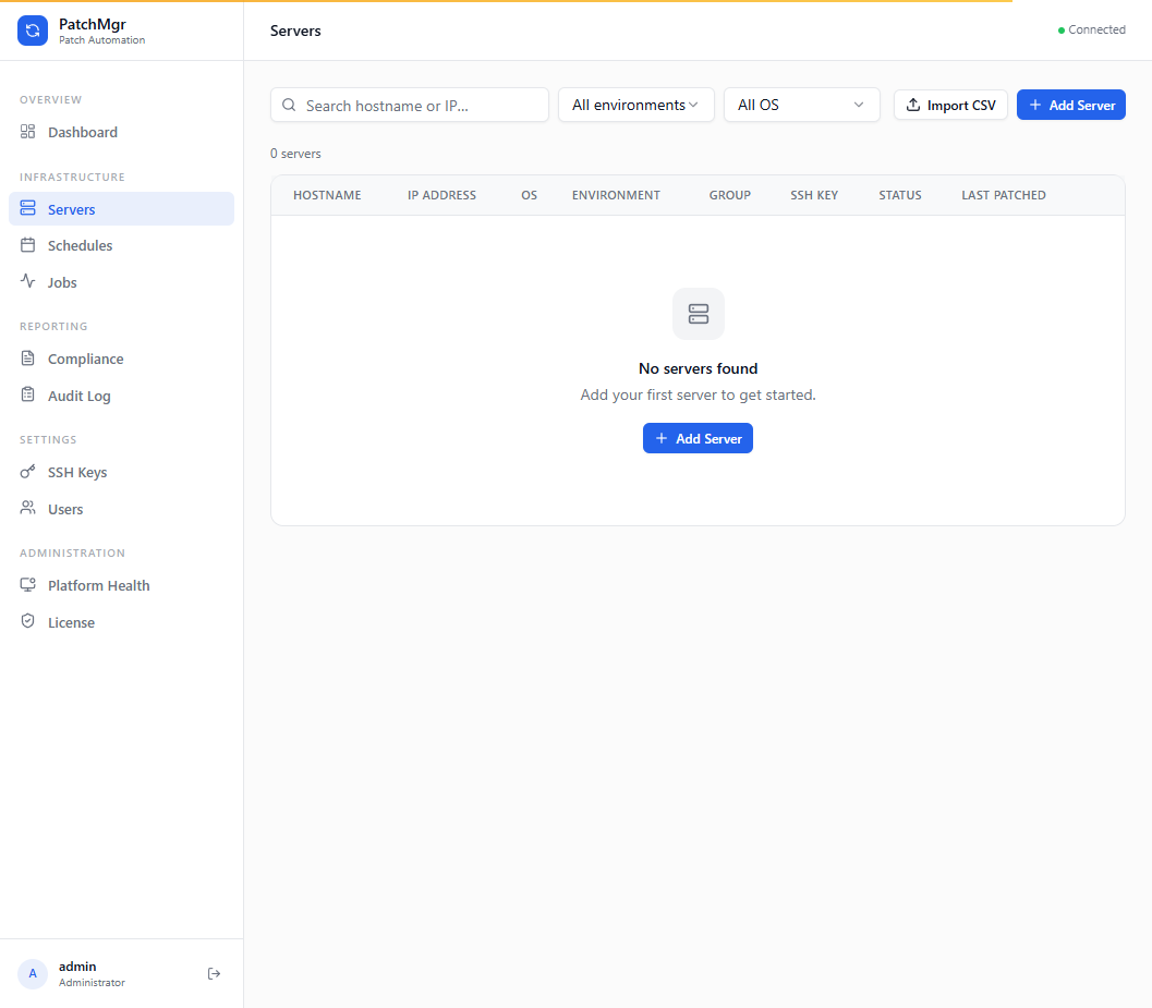 Servers list page with search, environment/OS filters, Import CSV and Add Server buttons