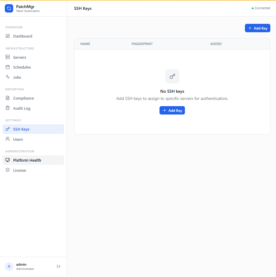SSH Keys page with a table of stored keys and an Add Key button